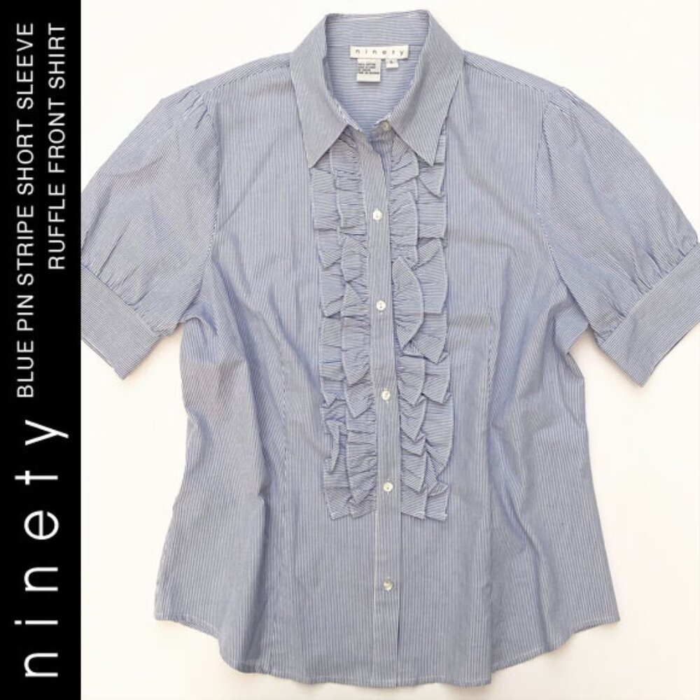 Blue Pin Stripe Ruffle Front Short Sleeve Shirt By Ninety Size L